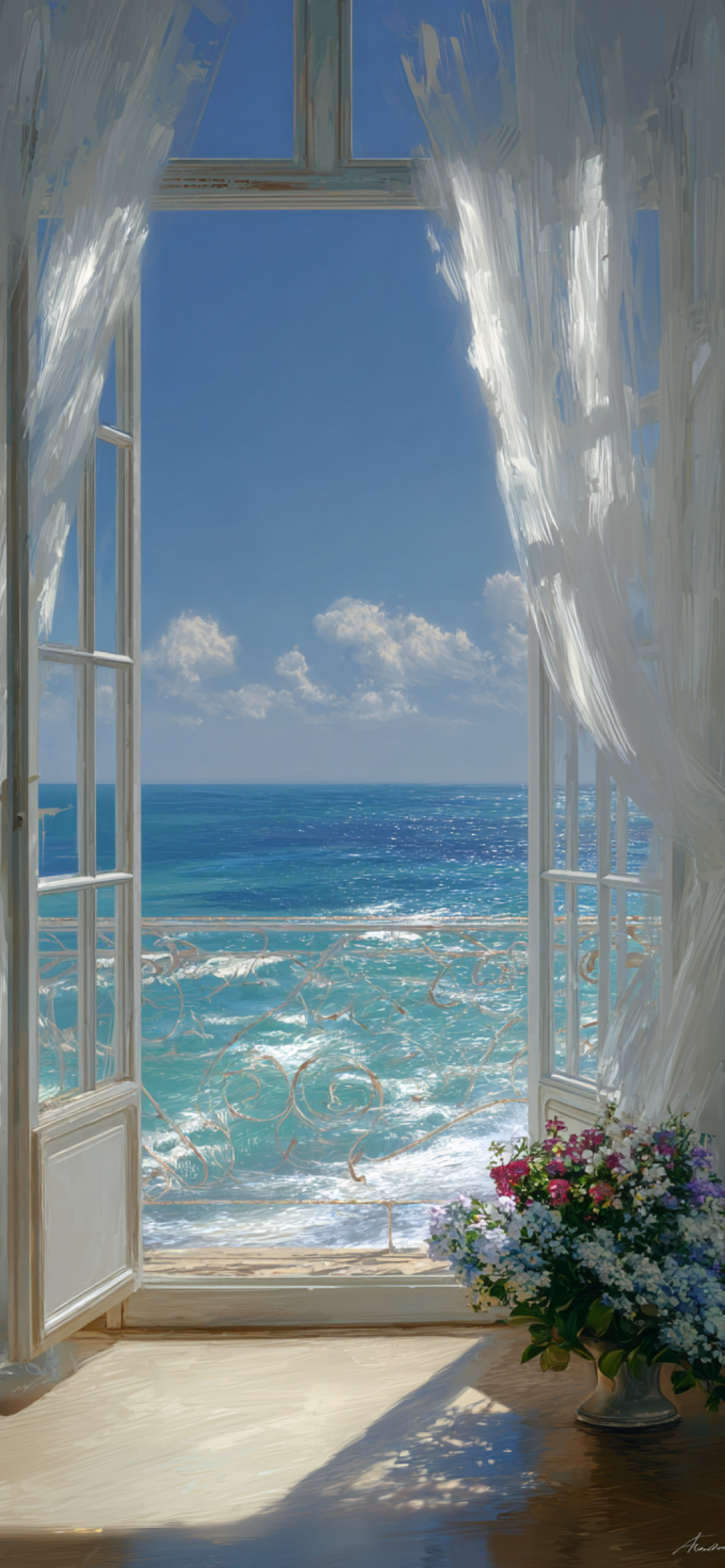 Open balcony doors and sheer curtains framing turquoise ocean water and flowers