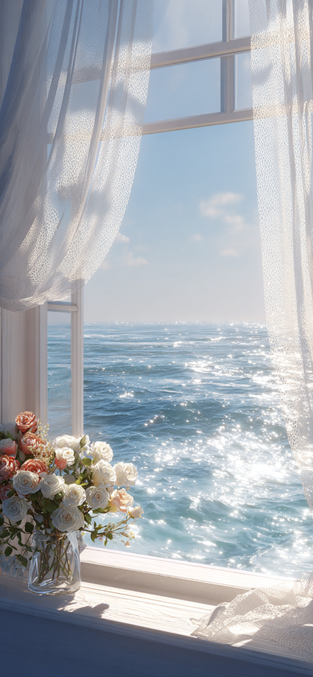 Roses and lace curtains beside a window overlooking sparkling ocean water